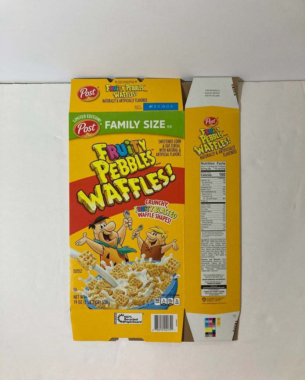 Post Fruity Pebbles Waffles Limited Edition Cereal Box 19 oz